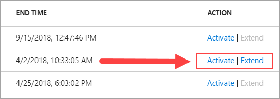 带有“激活”或“延期”链接的“操作”列的屏幕截图。