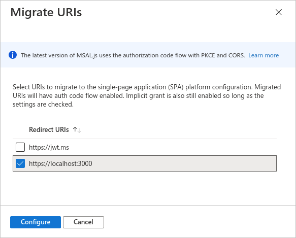 在 Azure 门户的 SPA 窗格中选择重定向 URI 窗格