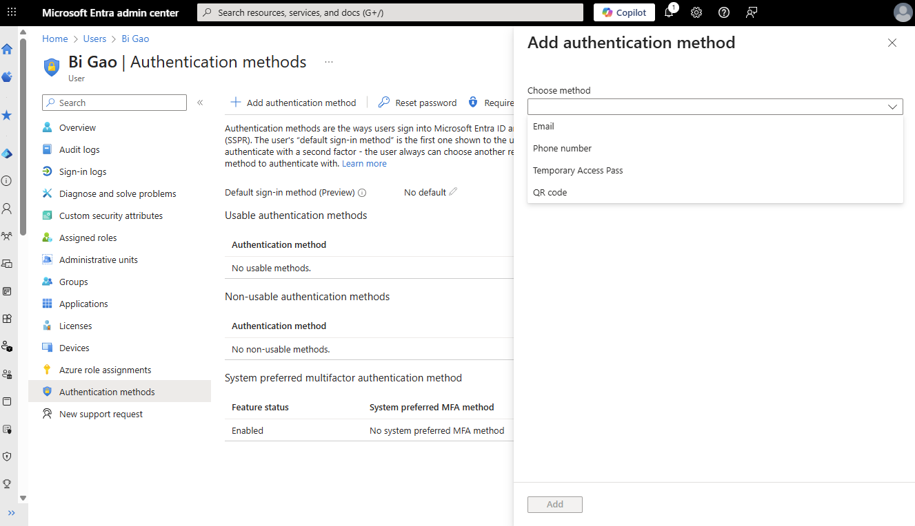有关如何从 Microsoft Entra 管理中心添加身份验证方法的屏幕截图。