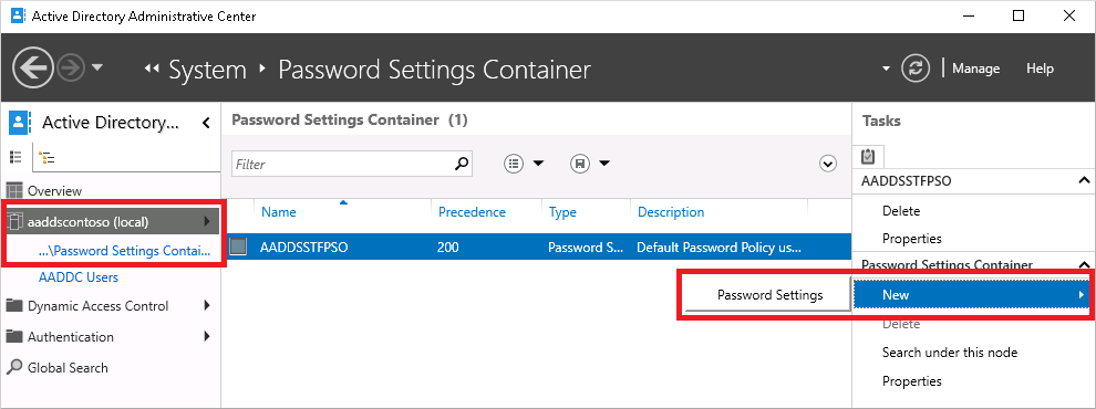 在 Active Directory 管理中心内创建密码策略