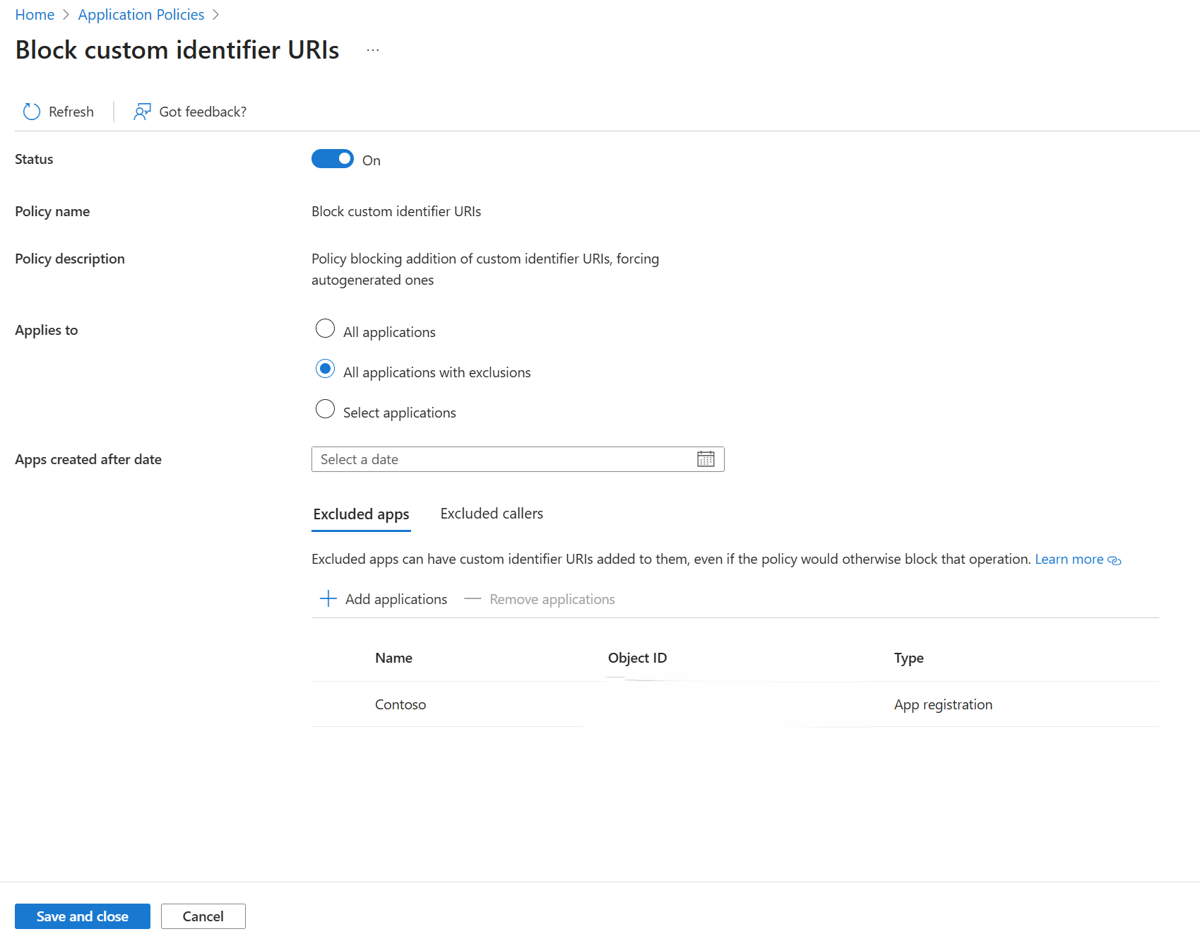 “自定义标识符 URI”限制的屏幕截图。