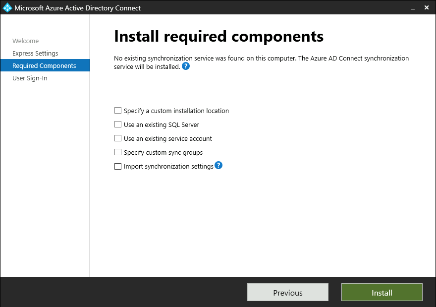 显示 Microsoft Entra Connect 中所需安装组件可选项的屏幕截图。