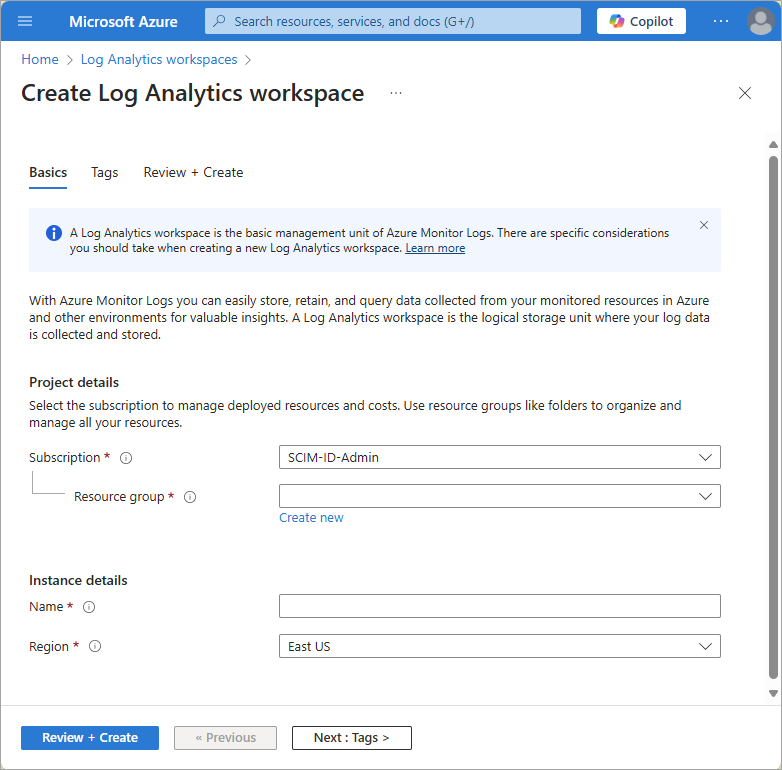 “创建新 Log Analytics 工作区”的详细信息页面的屏幕截图。