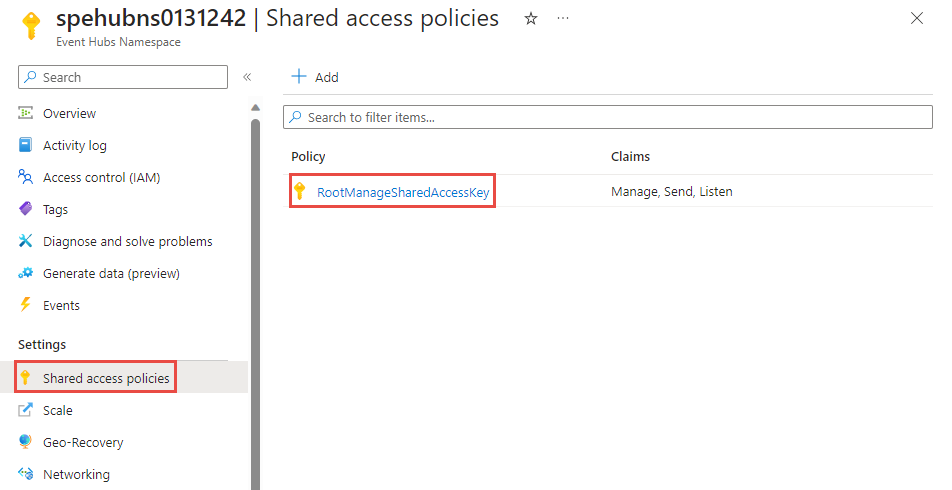 屏幕截图：Azure 事件中心命名空间的“共享访问策略”页。