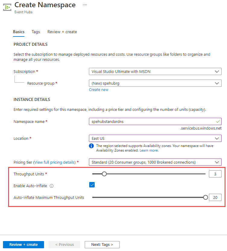 Screenshot of enabling auto inflate at the time event hub creation for a standard tier namespace