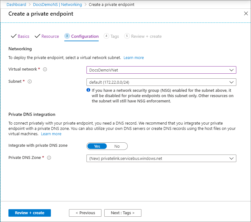 屏幕截图显示“创建专用终结点”向导中的“虚拟网络”页面。