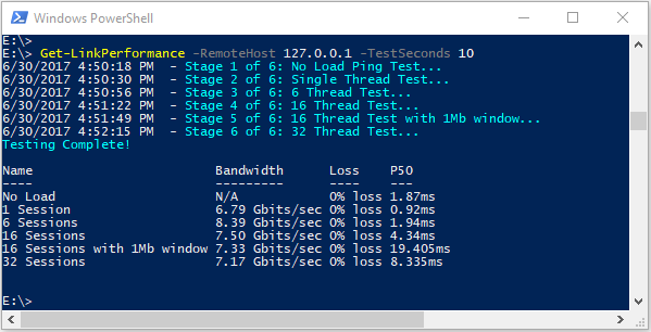 链接性能测试的 PowerShell 输出的屏幕截图。