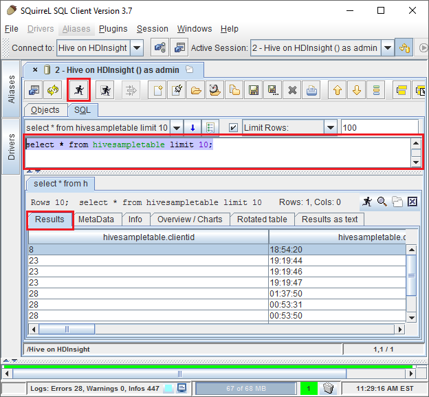 sql 查询对话框，其中包括结果。