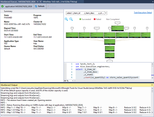 Apache Hive 作业图，Visual Studio。