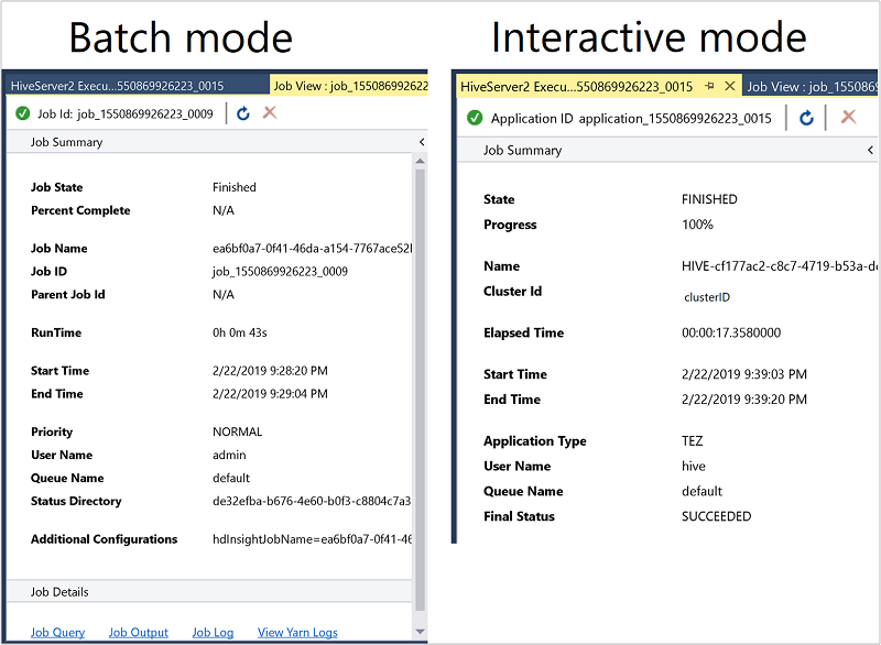 Hive 作业摘要窗口，批处理和交互模式，Visual Studio。