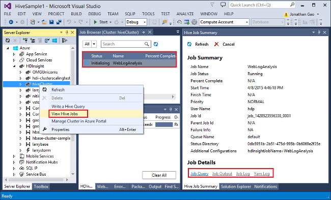 查看作业，Apache Hive，HDInsight 群集，Visual Studio。