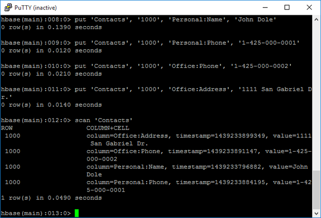 HDInsight Apache Hadoop HBase shell。