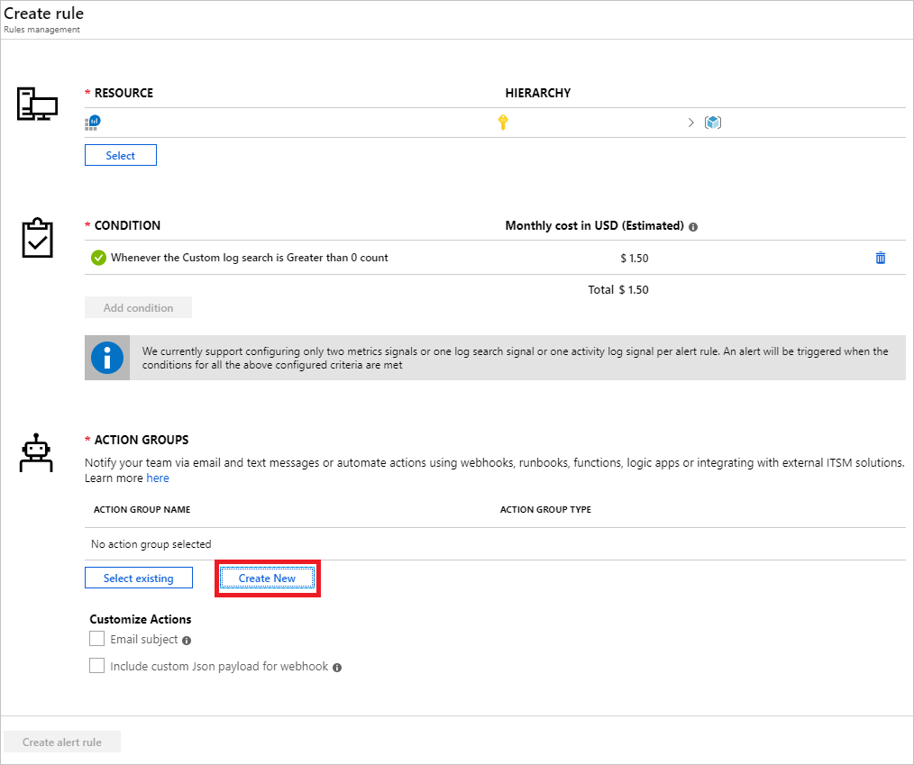 Alert rule creates new action group