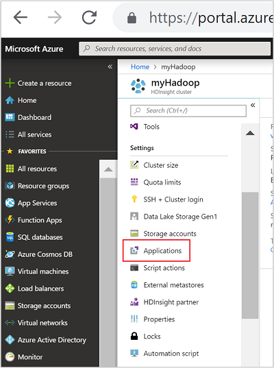 HDInsight 应用程序门户菜单。