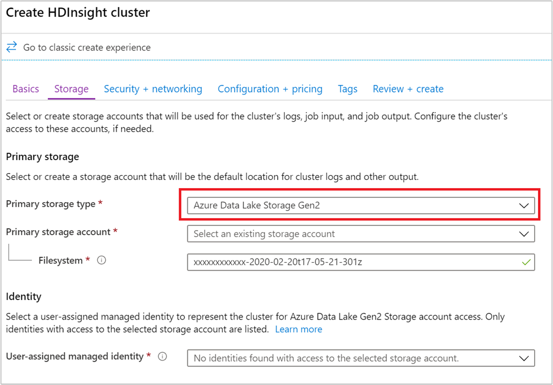 用于配合使用 Data Lake Storage Gen2 和 Azure HDInsight 的存储设置。