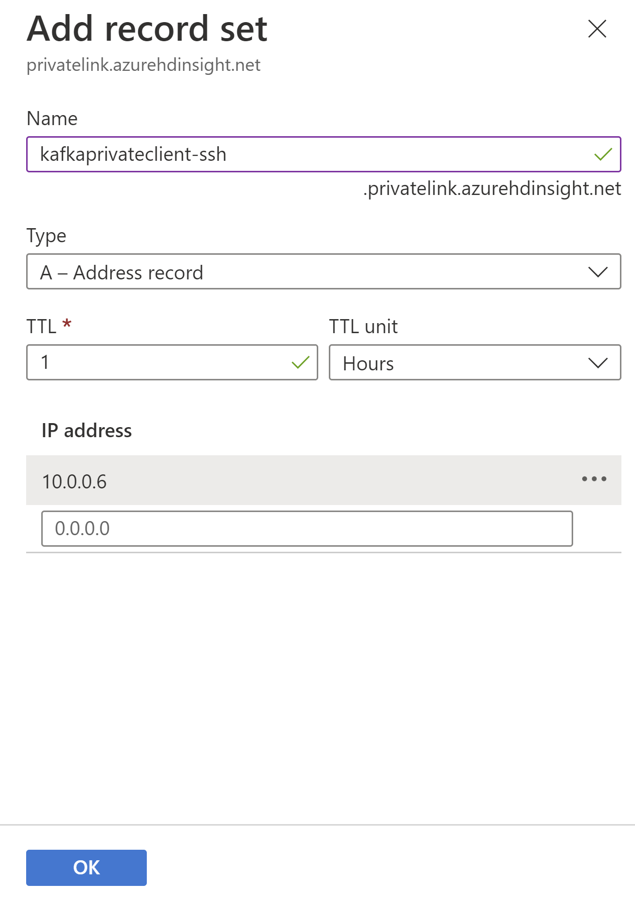 专用链接 DNS 区域添加 ssh 记录的示意图。