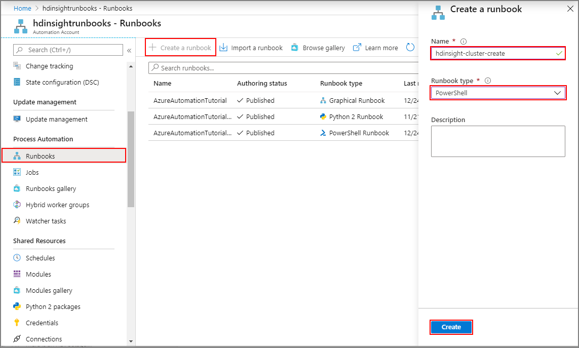 屏幕截图显示了如何创建 Runbook。