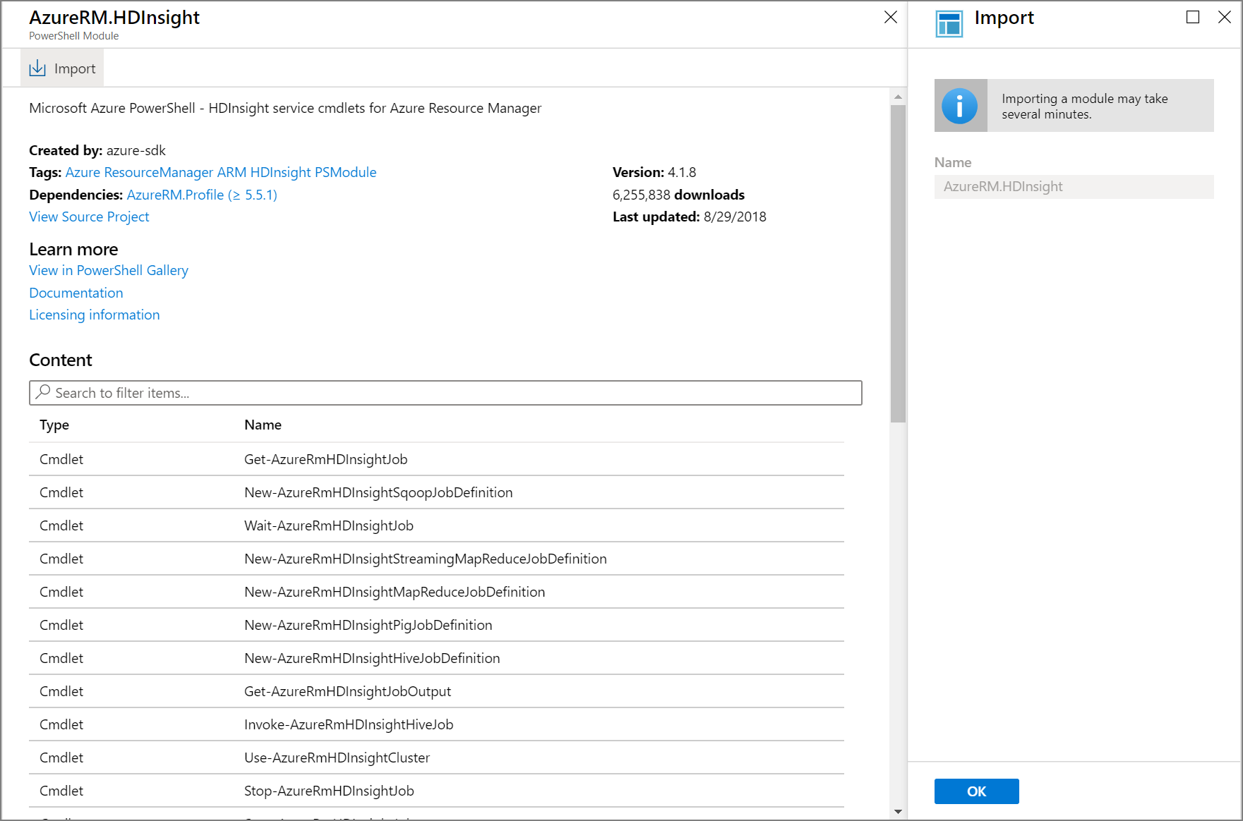 显示 AzureRM.HDInsight 模块的导入消息的屏幕截图。