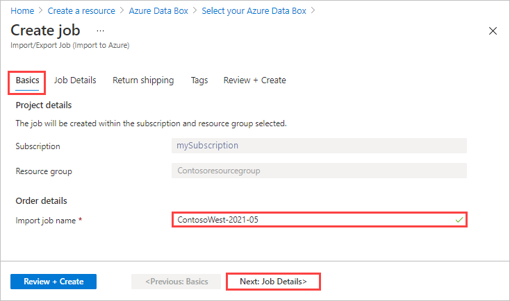 显示 Azure Data Box 中导入作业的“基本信息”选项卡的屏幕截图。突出显示了“基本信息”选项卡、“导入作业名称”文本框和“下一步: 作业详细信息”按钮。