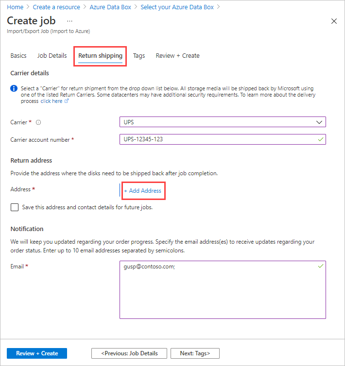 Azure Data Box 中导入作业的“回寄”选项卡的屏幕截图。突出显示了“回寄”选项卡和“+ 添加地址”按钮。