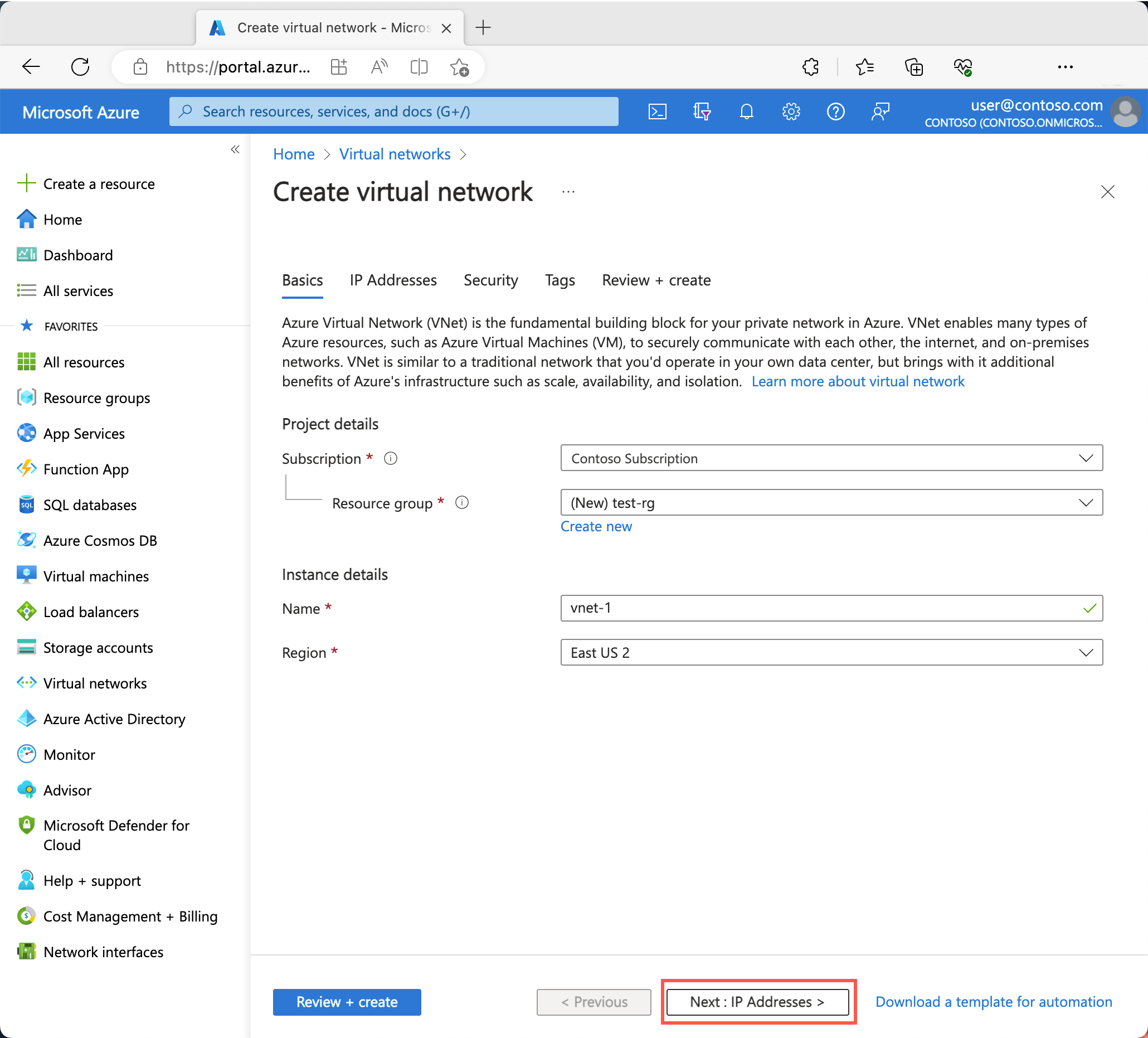 Azure 门户中“创建虚拟网络”的“基本信息”选项卡的屏幕截图