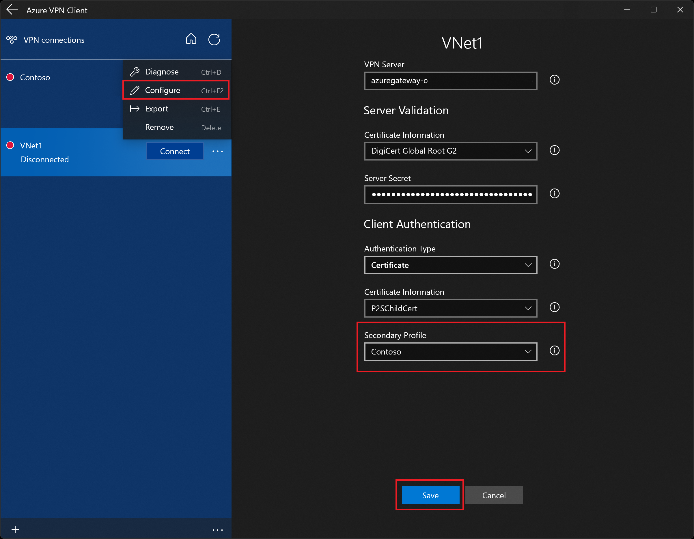 屏幕截图显示包含次要配置文件的 Azure VPN 客户端配置文件配置页面。