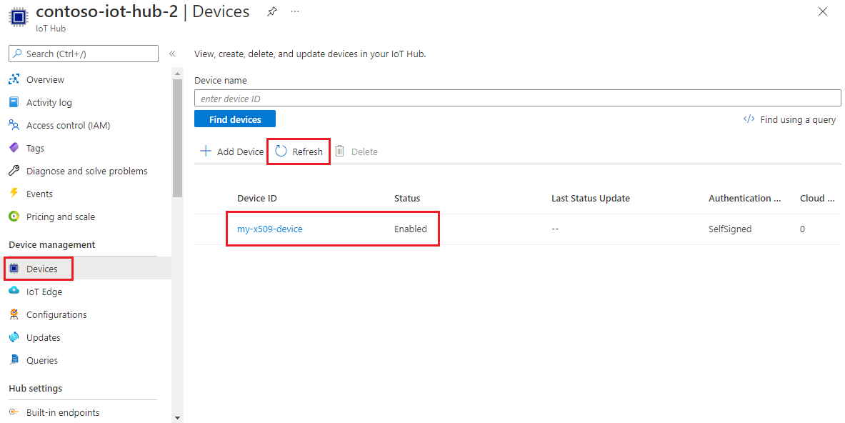 显示设备已注册到 Azure 门户的 IoT 中心的屏幕截图。