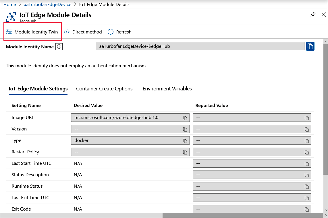 屏幕截图显示了如何在 Azure 门户中选择要查看的模块孪生。