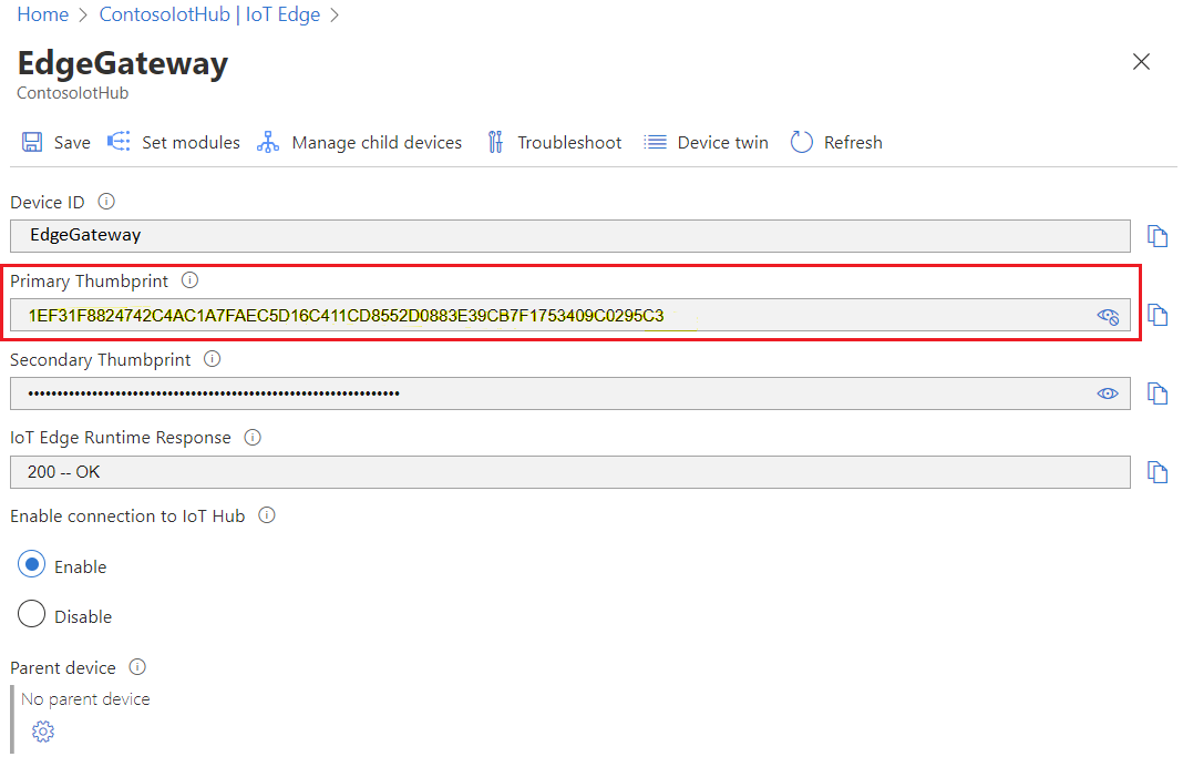 ContosoIotHub 中 EdgeGateway 设备指纹的 Azure 门户屏幕截图。