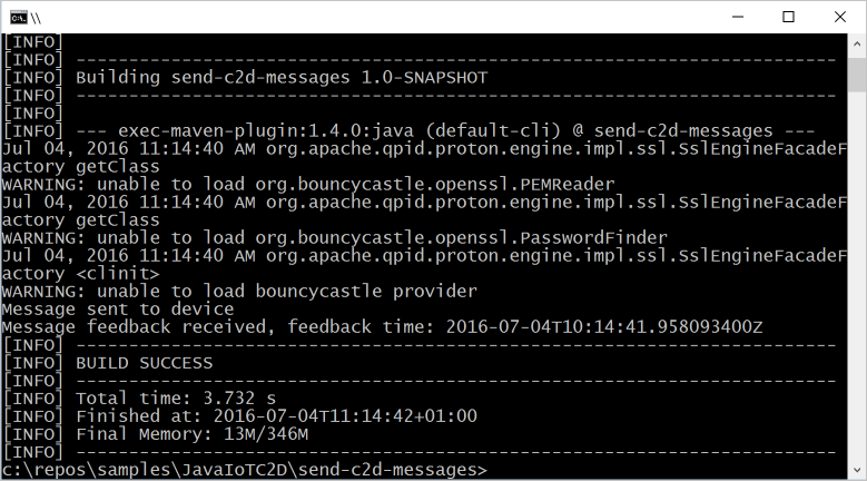 Run the command to send the cloud-to-device message