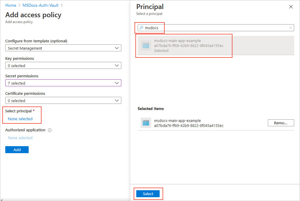 Selecting the security principal for the access policy