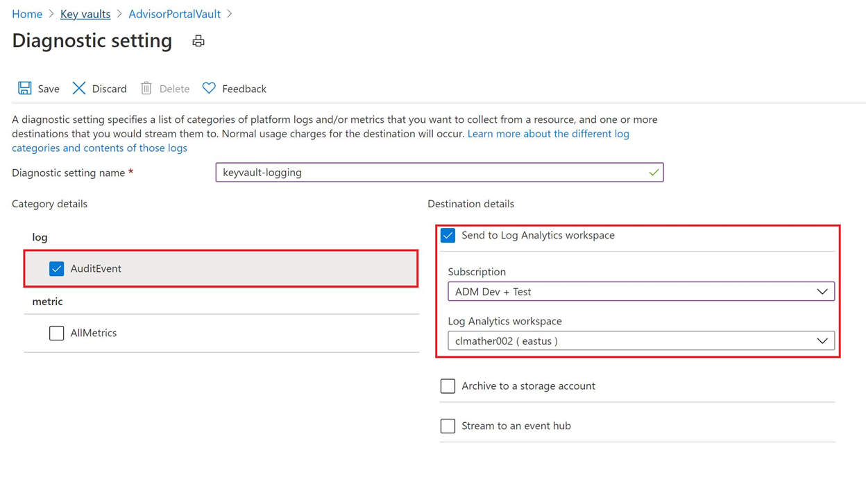 Screenshot of diagnostic settings options.