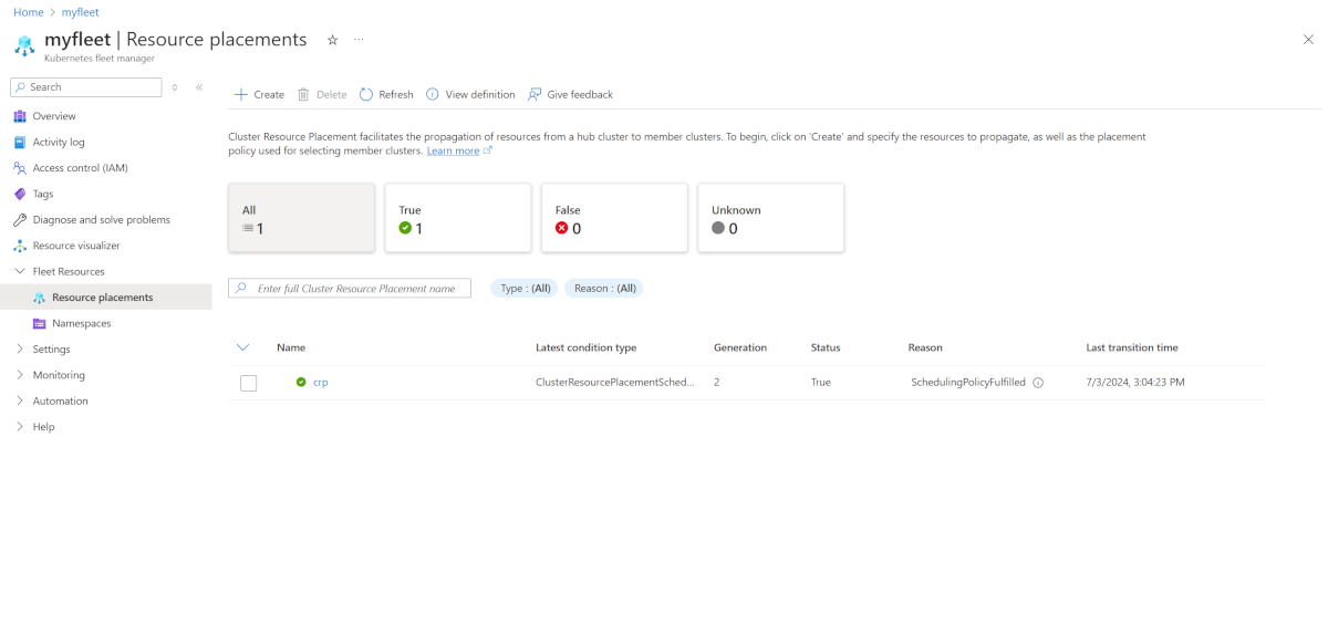 Azure 门户群集资源放置页面的屏幕截图，显示已成功创建放置。