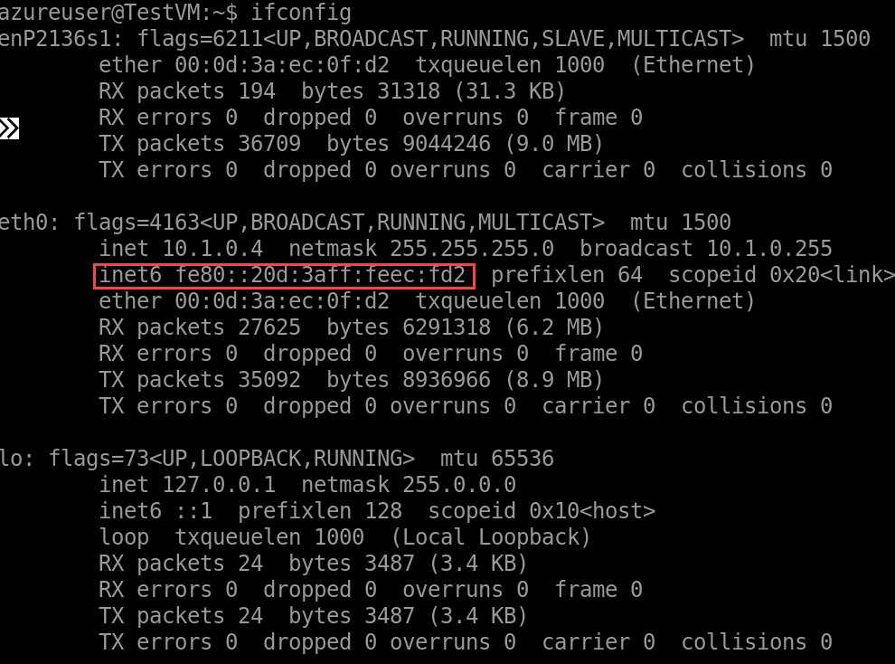 ifconfig 的屏幕截图，其中显示了 IPv6 IP 地址。