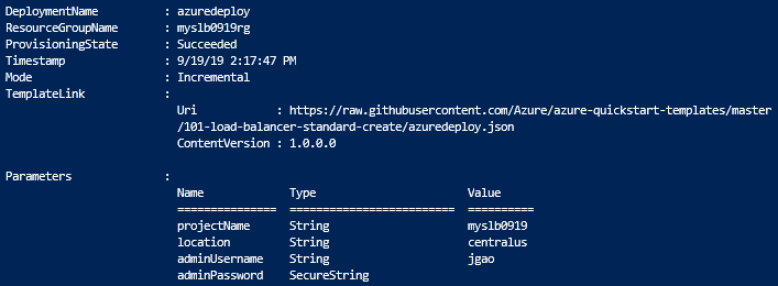 Azure 标准负载均衡器资源管理器模板 PowerShell 部署输出