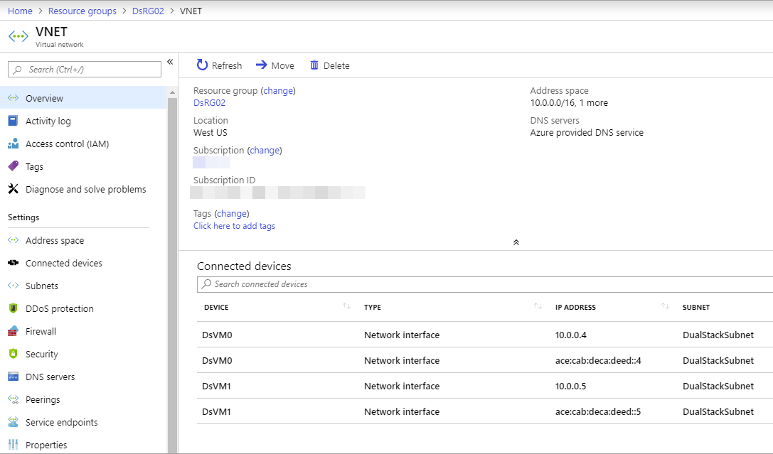 Azure 中的 IPv6 双堆栈虚拟网络