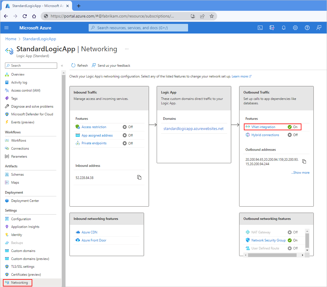 屏幕截图显示 Azure 门户、标准逻辑应用资源和启用了虚拟网络集成的“网络”页面。