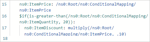 Screenshot showing code view with conditional mapping between source and target elements using the functions, Greater, If, and Multiply.