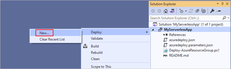 显示“解决方案资源管理器”的屏幕截图，其中项目快捷菜单已打开、“部署”菜单已打开，并且选择了“新建”。