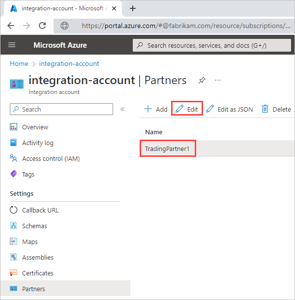 Azure 门户、集成帐户和“合作伙伴”页面的屏幕截图，其中已选中“TradingPartner1”和“编辑”按钮。