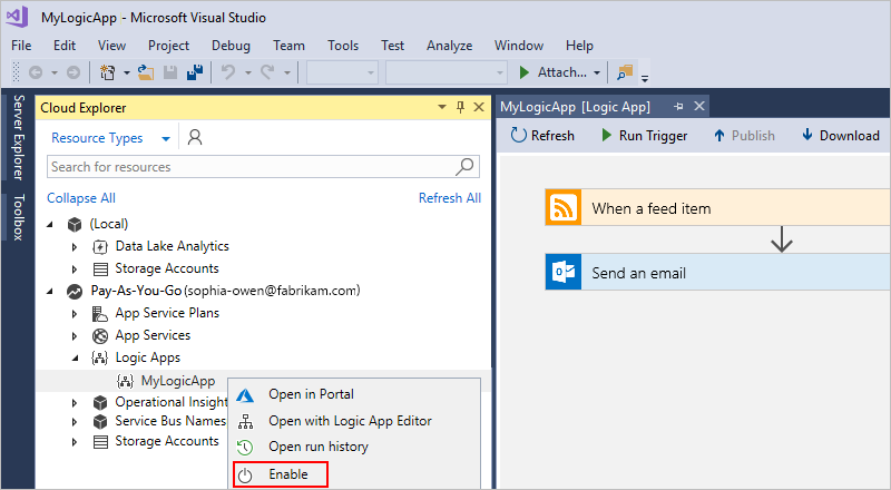 在 Cloud Explorer 中启用逻辑应用