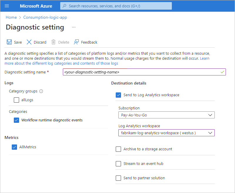 显示 Azure 门户、Log Analytics 工作区和要收集的数据的屏幕截图。