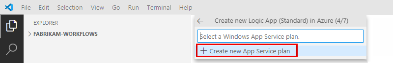 屏幕截图显示了输入新托管计划的名称的提示，并选择了“创建新应用服务计划”选项。