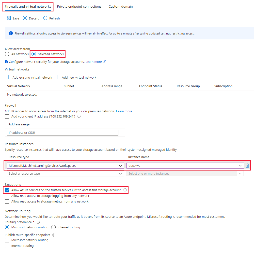 使用专用终结点时,Azure 门户中“Azure 存储”页上的“网络”区域