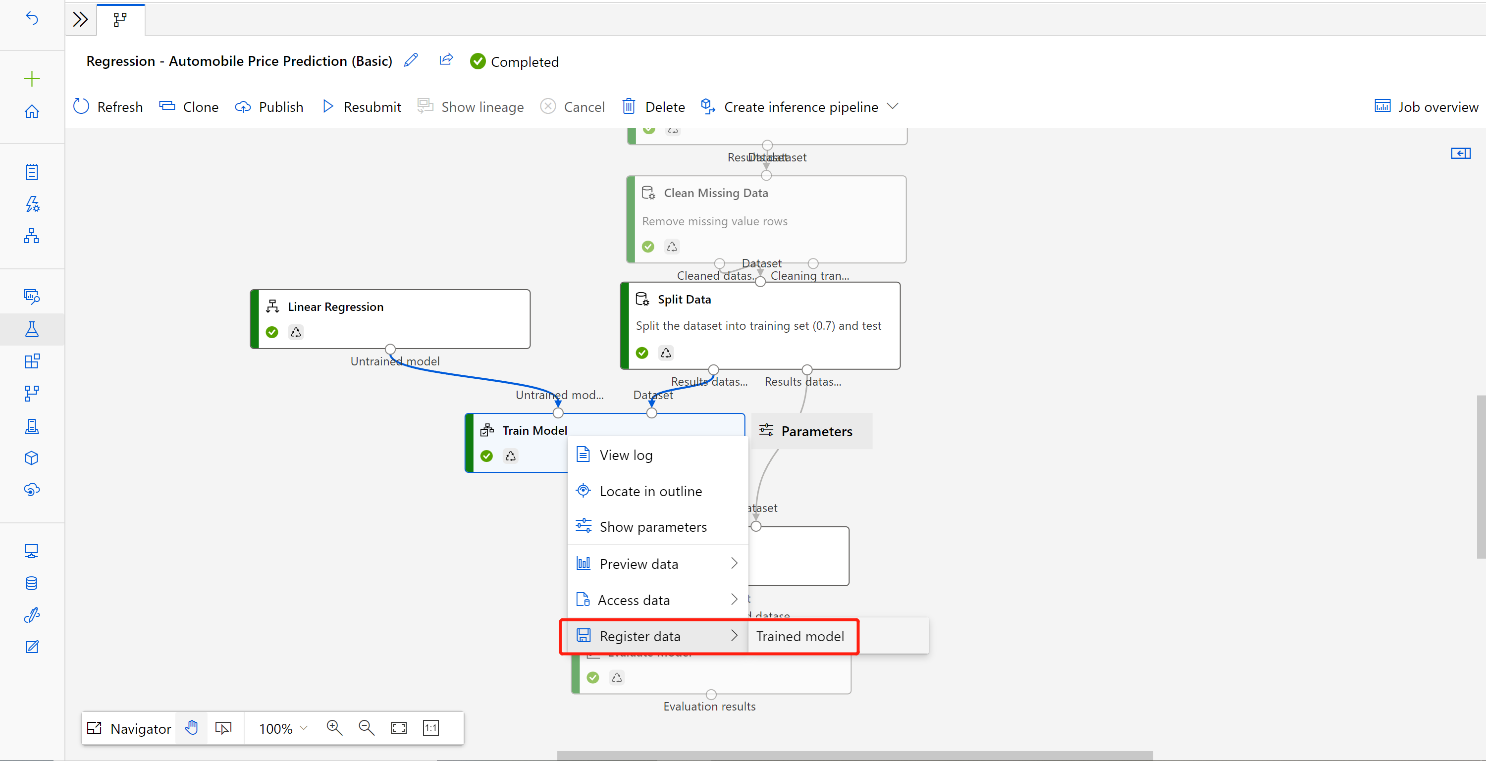 Screenshot showing register trained model as dataset.