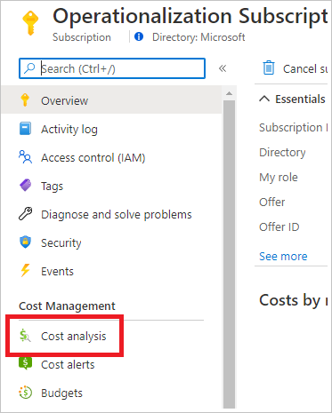 Azure 门户中订阅的屏幕截图，在其中用红色框圈起了“成本分析”按钮。