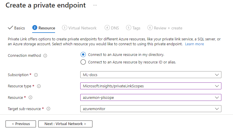 Azure Monitor 专用终结点资源的截图。