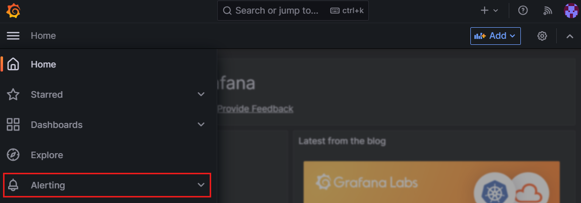 Grafana 界面的屏幕截图，其中显示了统一警报菜单。