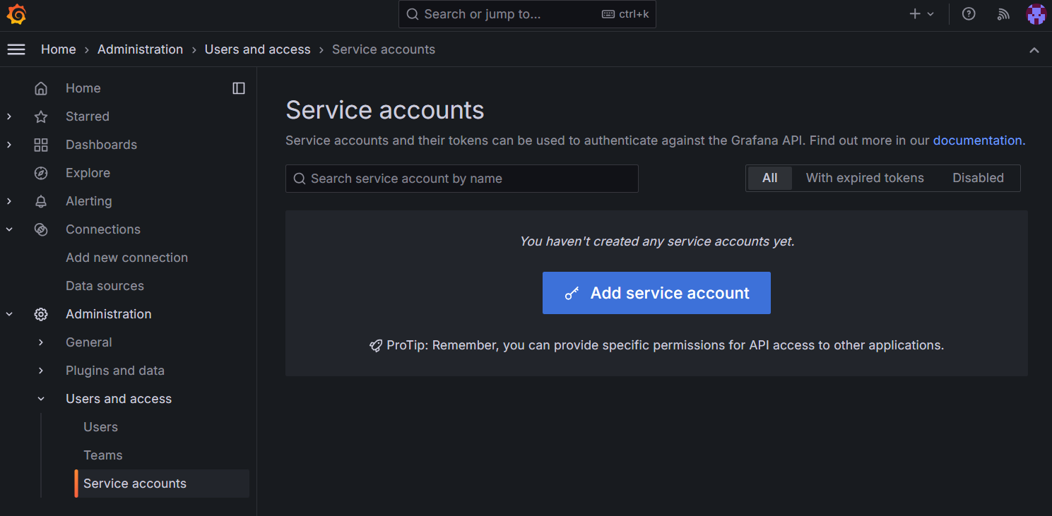 Grafana UI 的屏幕截图,其中显示了添加服务帐户操作。