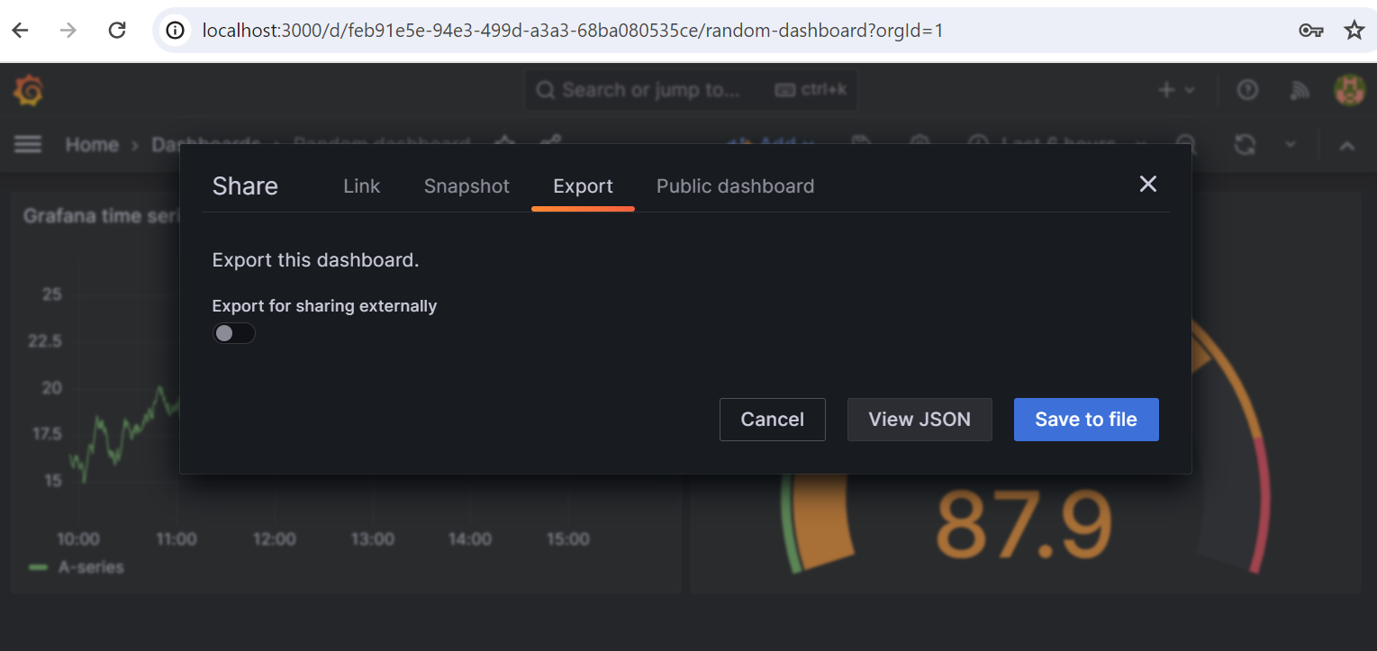 Grafana 用户界面的屏幕截图，其中显示了“JSON 模型”选项卡中的 JSON 数据。